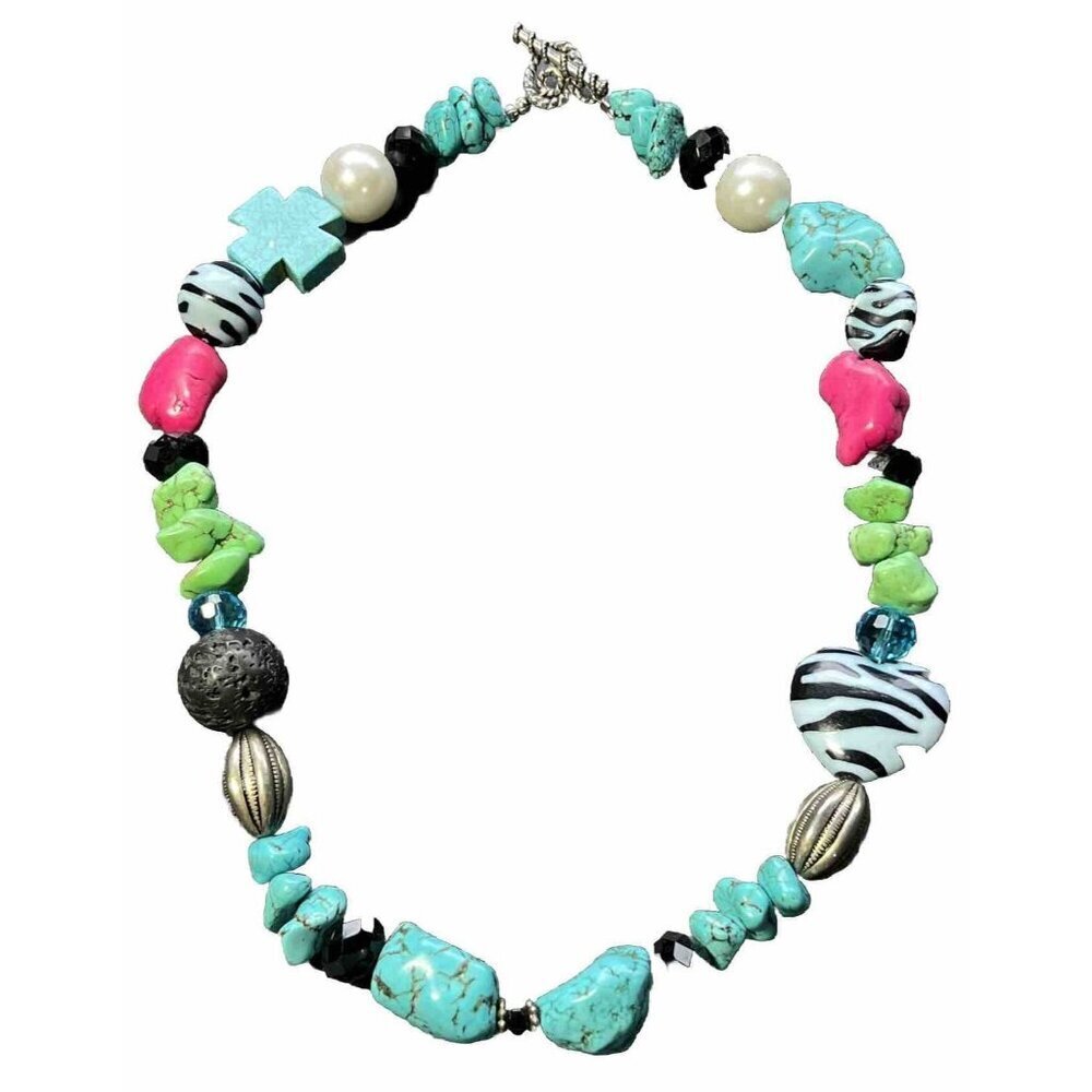 18” Turquoise Pearl Beaded Silver Tone Statement Necklace Green Blue Black Heart